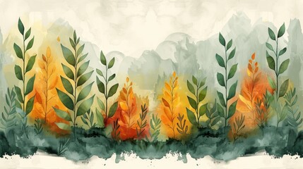 Earth tone background foliage line art drawing with abstract shape and watercolor. Design for framed prints, canvas prints, posters, home decor, covers, wallpaper.