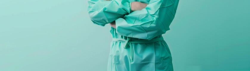 Highresolution image of a patients torso, wearing a navy blue hospital suit, set against a calming, light background