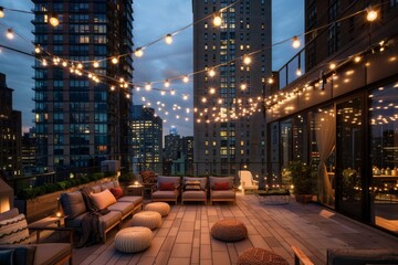 a patio with lights from the ceiling