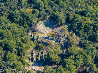 High-Altitude Drone Image of Ancient Amphitheater in Phaselis, Antalya, Turkey