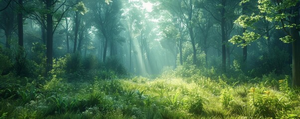 The photo shows a beautiful forest with green trees and a bright sun shining through the trees.