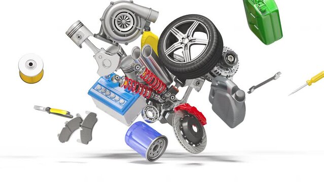 Auto parts and car spare in a form of heart isolated on white. 3d animation