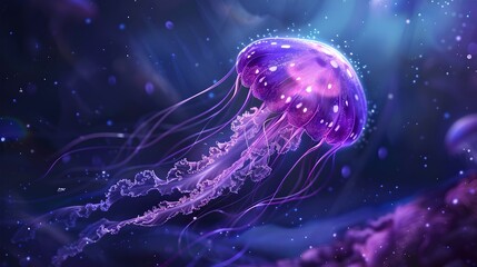 Glowing Jellyfish in Deep Blue Sea, Surreal Underwater Life Scene, Ideal for Marine-Themed Design, Digital Artwork. AI