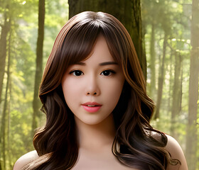 Fototapeta premium Portrait of an Asian woman's face posing while going outside her house in the forest. AI-Generated