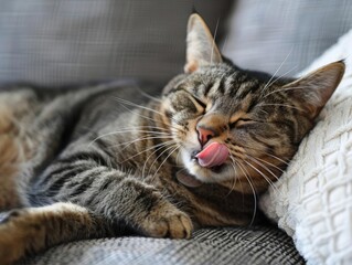 A cat grooming itself with its tongue
