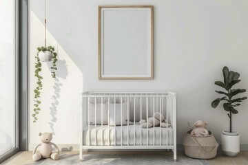 a white crib with stuffed animals and a white frame on the wall