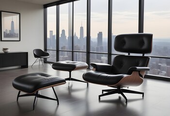 A leather lounge chair and ottoman in a modern, minimalist interior with a large window overlooking a city skyline