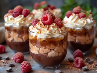 Vanilla and chocolate dessert with raspberry topping on top