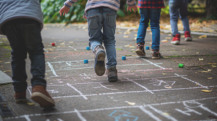 Kids playing hopscotch on a sidewalk, their chalk-drawn squares a canvas for their energetic movements. Dynamic and dramatic composition, with copy space