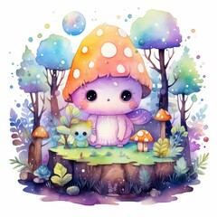 Fototapeta premium Creative watercolor of a mystical enchanted forest, alive with twinkling lights and mythical creatures, in kawaii styles, clipart kawaii watercolor on white background