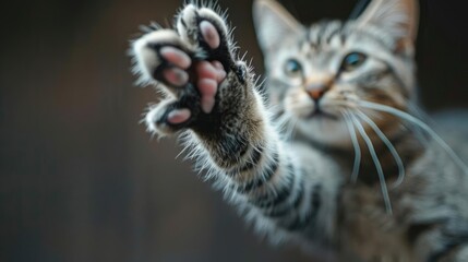 A cat with its paw reaching out as if its trying to touch something