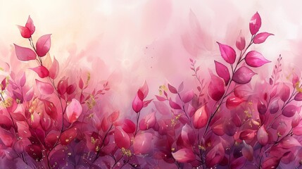 Stunning pink abstract botanical art background modern. Luxury wallpaper with watercolors in pinks and earthy tones, leaves, flowers, trees and gold glitter. Suitable for text, packaging, prints, and
