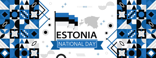 Estonia national day banner with Estonian flag colors theme and geometric abstract retro modern blue black background white design.