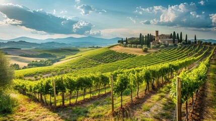 A picturesque vineyard in Tuscany with rows of grapevines and rolling hills