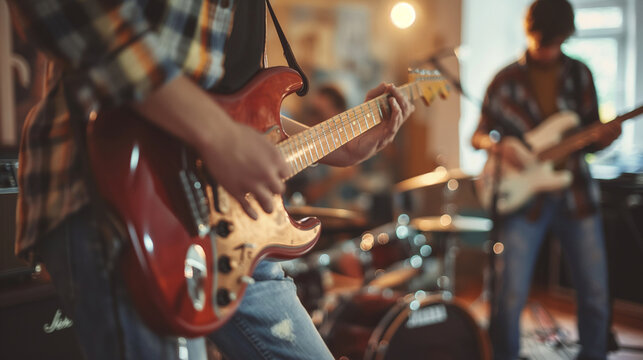 A group of friends gathered in a garage band practice session, jamming out to their favorite songs and perfecting their musical performances. Dynamic and dramatic composition, with