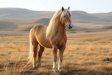 Beautiful horse in steppe at sunset, Kyrgyzstan