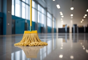 A mop on a shiny, reflective floor in a blurred indoor setting, suggesting a clean and well-maintained public space like an airport or train station