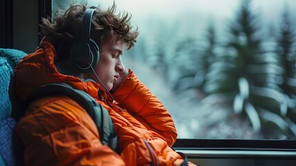 Fototapeta premium Young individual wearing orange jacket, asleep on a train. Casual style, candid shot, evoking a sense of travel and solitude. Winter journey scene. AI