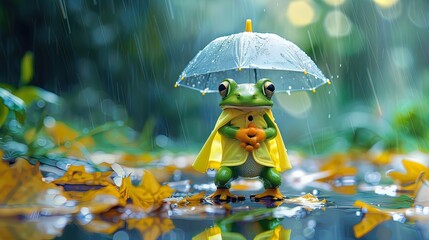 Anthropomorphic frog wearing yellow raincoat and holding an umbrella in the rain. 3D illustration with vibrant natural background. Rainy day and weather concept. Design for poster, greeting card.