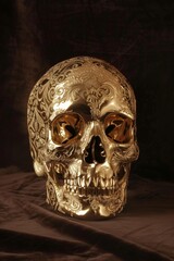 Golden Carved Skull with Intricate Patterns
