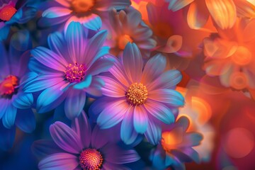 Abstract neon background with daizy flowers in violet, orange, purple colors