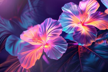 Abstract neon background with hibiscus flowers in violet, orange, purple colors