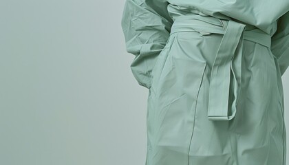 Detail shot of a patients torso in a mint green patient suit, focused on the fabric texture against a minimalist white backdrop