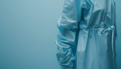 Detail shot of a patients torso in a light blue patient suit, focused on the fabric texture against a soft grey backdrop