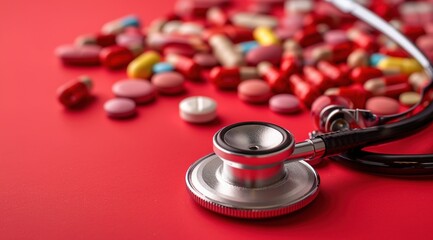 Stethoscope and pills on a red background with copy space.