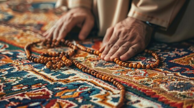 Muslim man praying on a prayer mat.