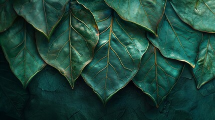 3D rendering of green leaves with raindrops on a dark background.