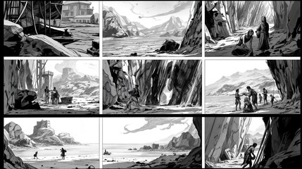 Film storyboard series depicting epic adventure landscapes