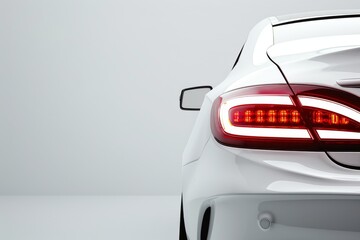 Rear angle view of a white car with distinct LED taillights on, against a plain background. Created with Generative AI