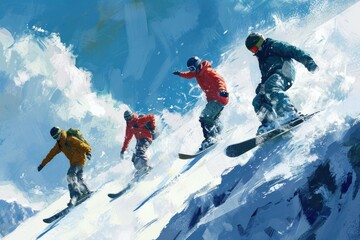 Fototapeta premium Vibrant illustration of snowboarders in action on a snowy mountain descent