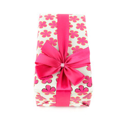 Gift white boxs with pink satin ribbon isolated on white. Free space for text.