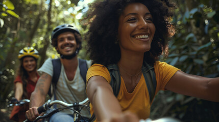 A close-up selfie of a young woman biking with friends in a forest.