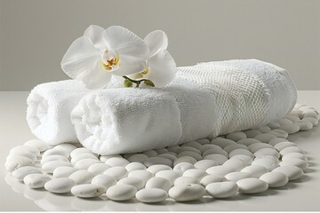 Naklejka na ściany i meble Two white towels with orchid and pebbles, high quality, high resolution