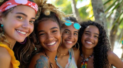 Fototapeta premium A lively scene unfolds as a diverse group of young friends flashing bright smiles at the camera enjoy a carefree summer day together Laughter fills the air creating a vibrant snapshot of fri