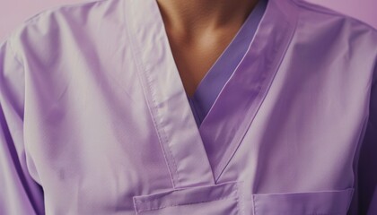 Closeup of a patients torso in a light purple hospital gown, isolated against a gentle, neutral background for a soothing effect