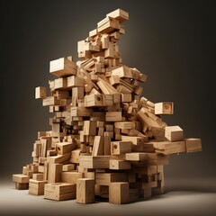 The digital artwork conveys the idea of progress and advancement in business by depicting a skillfully crafted structure of wooden blocks as a symbolic representation of success