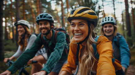 A young woman smiling and cycling in the forest with friends.