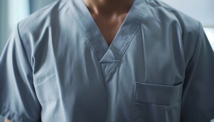 Closeup of a patient s torso in light gray hospital scrubs, perfect for healthcare advertising focusing on patient care