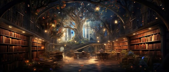 Visualize a quiet library where books come to life and converse with visitors, captured in a magical realism style, accompanied by a banner whispering literary secrets