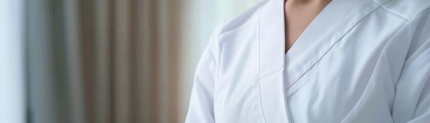 Closeup of a medical personnel s torso in a white doctor s gown, perfect for use in healthcare advertising