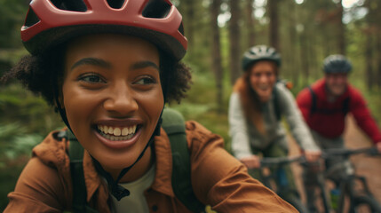 A close-up selfie of a young woman biking with friends in a forest.
