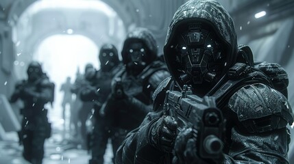 A squad of soldiers in black armor and gas masks walk through a snowy forest.