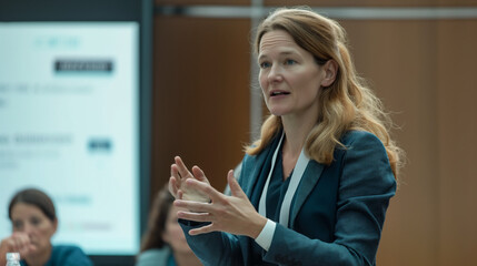 Woman Addressing an Audience at a Business Investor Meeting.