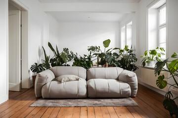modern living room with sofa, Modern Scandinavian home interior design characterized by an elegant living room featuring a comfortable sofa, wooden floor, white walls and home plants.