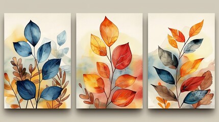 The set is comprised of a leaf branch, leaves, foliage, plant, and tree. Abstract watercolor painting for wall decoration, interior, prints, covers, and postcards.