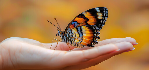 Natural background of flying butterfly and human hand.